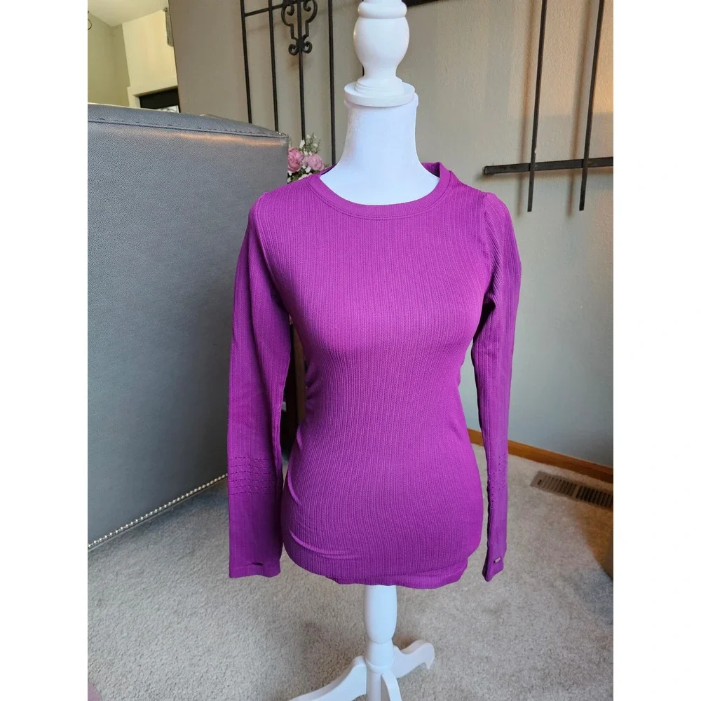 Alo Yoga Exhale Long Sleeve Top Womens Small Purple Ribbed Mesh X-Back Active